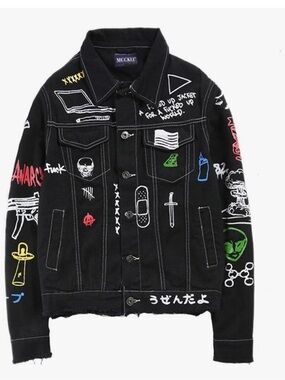 Vogue black denim jacket graffiti prints on the front and sleeves Sz M EUC